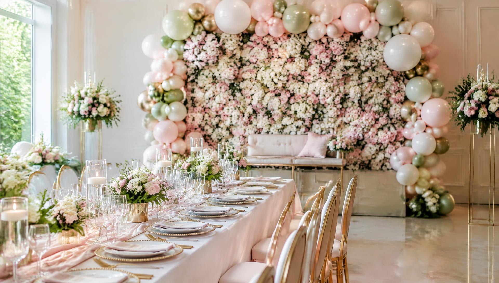 Floral backdrop with balloon framing and elegant tables